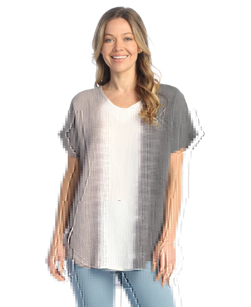 Jess & Jane Block Mineral Washed Gauze Short Sleeve Top - M104-2008 MR-GR BLOCK